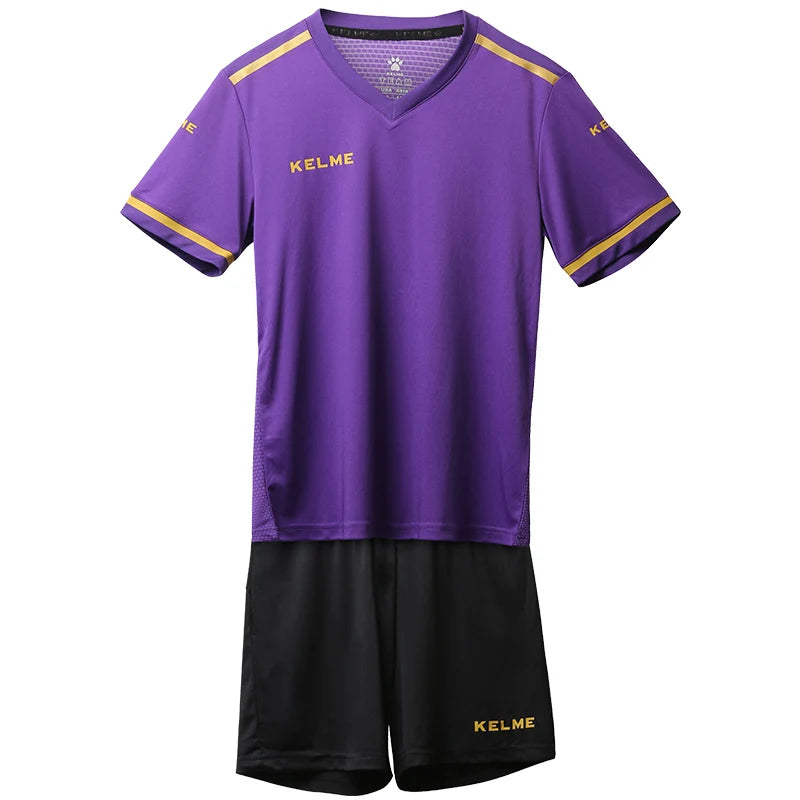 Kids purple soccer jersey and black shorts kit, KELME emblem