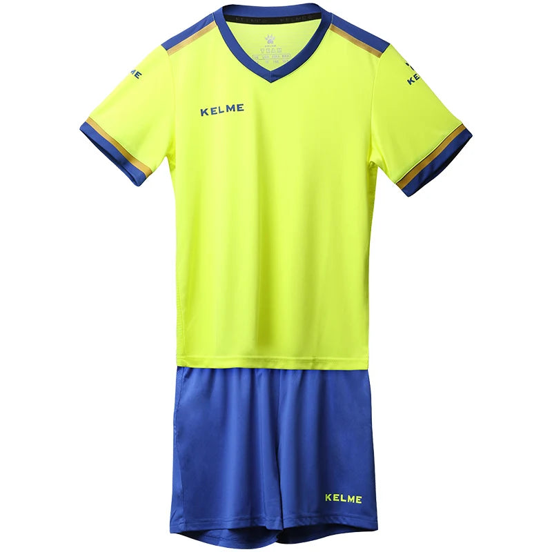Kids neon yellow soccer jersey and blue shorts kit, KELME logos