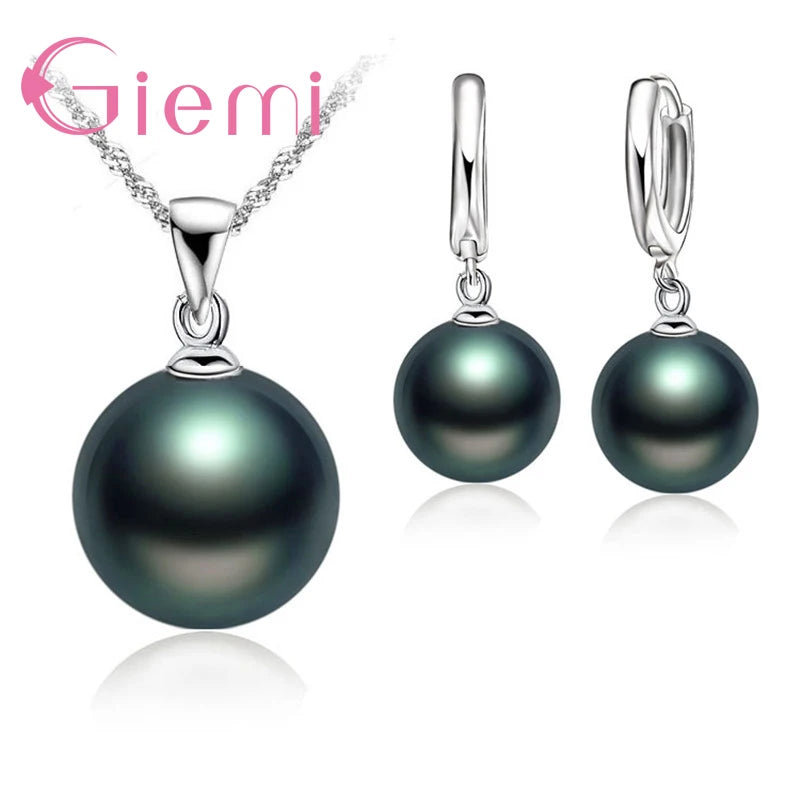 3 Color Option White/Black/Pink Pearl Jewelry Sets Luxury 925 Sterling Silver Necklace Pendant Earrings Set for Women Gift K's Collection Store
