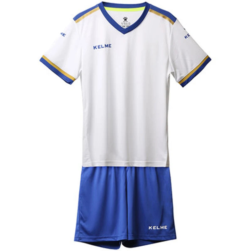 Kids white soccer jersey and blue shorts kit with KELME logo