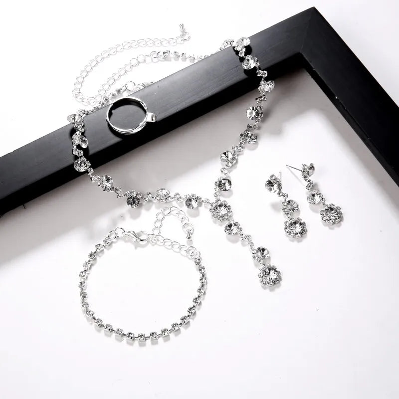 Women's Silver Color Fashion Wedding Jewelry Luxury Crystal Pearl Necklace/Bracelet/Ring/Earrings Ladies Jewelry Sets for Bridal K's Collection Store