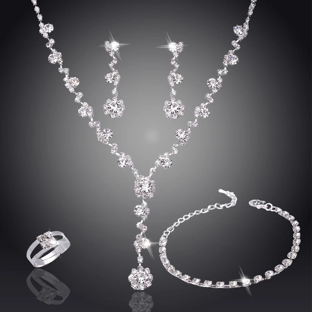 Women's Silver Color Fashion Wedding Jewelry Luxury Crystal Pearl Necklace/Bracelet/Ring/Earrings Ladies Jewelry Sets for Bridal K's Collection Store