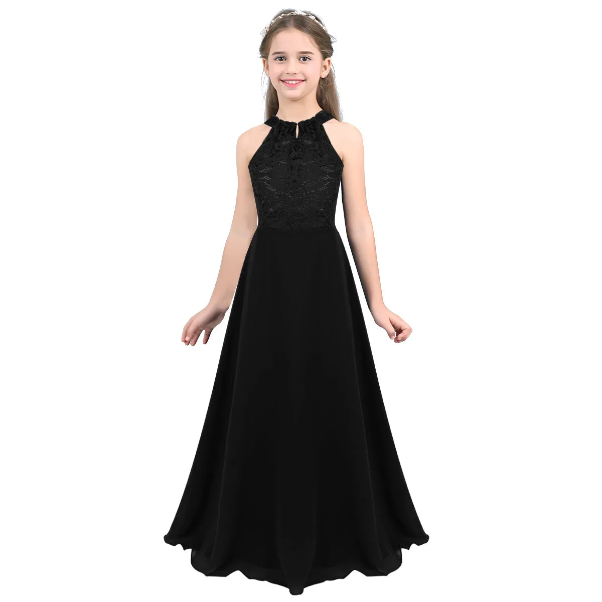 Kids Chiffon Floral Lace Cutout Back Flower Girl Dress Childs Girls Children Wedding Birthday Party Clothes K's Collection Store
