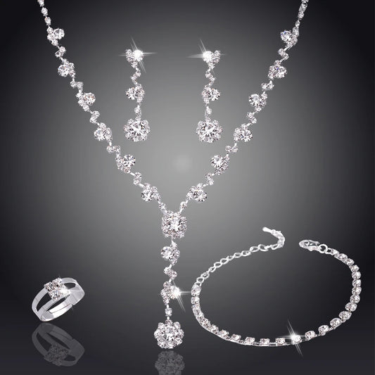 Women's Silver Color Fashion Wedding Jewelry Luxury Crystal Pearl Necklace/Bracelet/Ring/Earrings Ladies Jewelry Sets for Bridal K's Collection Store