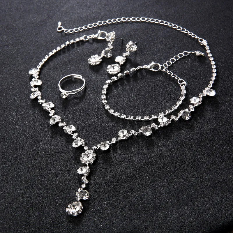 Women's Silver Color Fashion Wedding Jewelry Luxury Crystal Pearl Necklace/Bracelet/Ring/Earrings Ladies Jewelry Sets for Bridal K's Collection Store