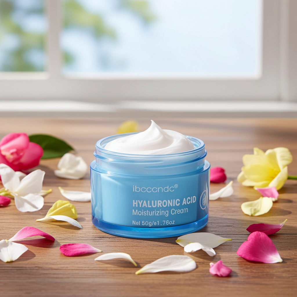 Blue jar with white hyaluronic acid moisture cream, swirled on top