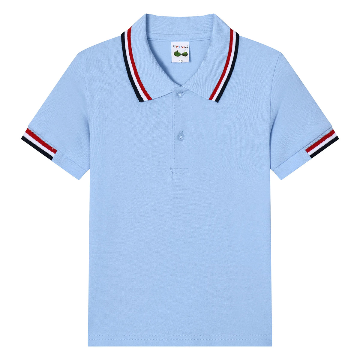 Boys light blue short-sleeve polo shirt with striped collar detail