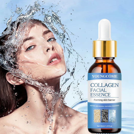 Collagen facial essence dropper bottle with gold cap and amber glass
