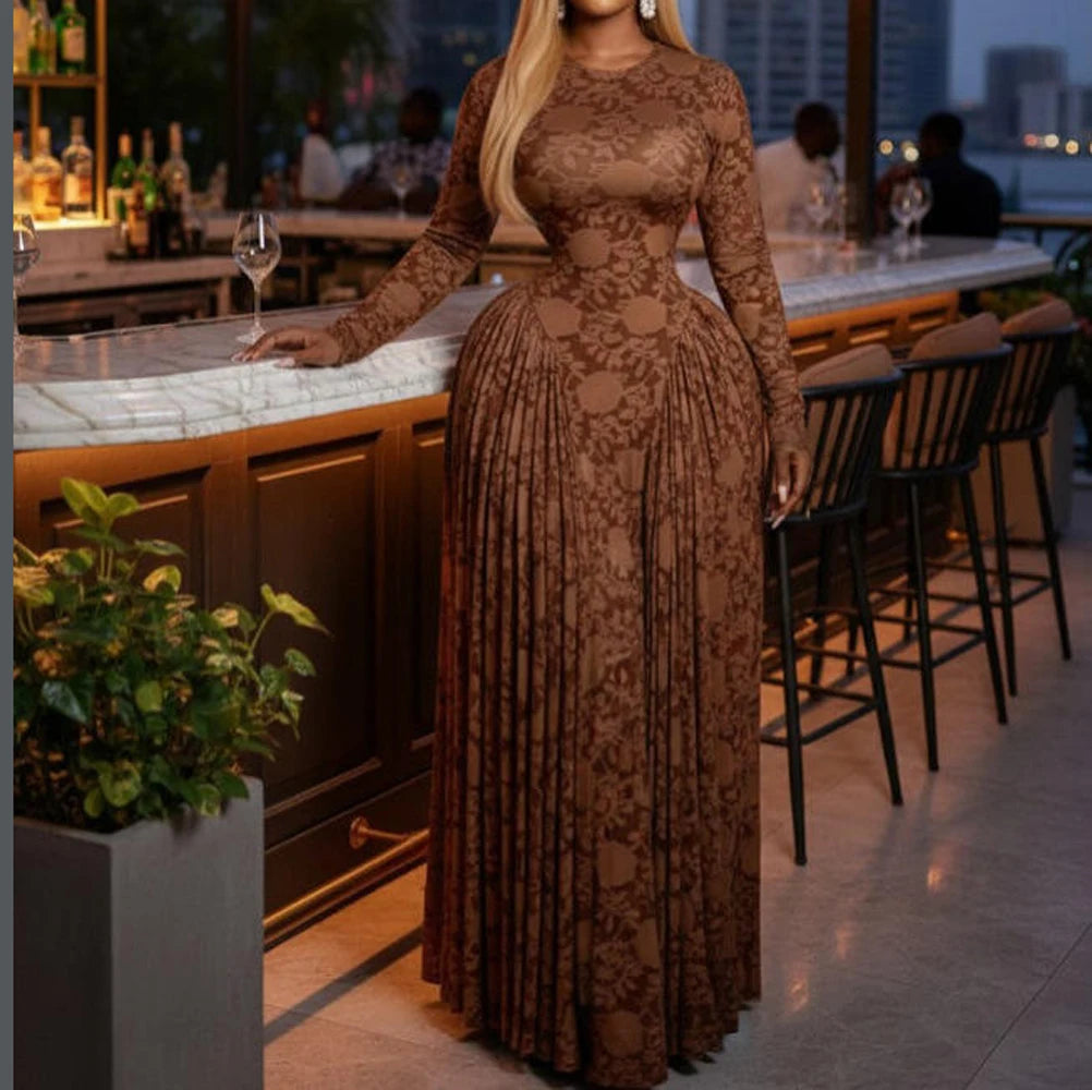 Luxury Women Elegant Design Print Mesh Long Dress with Inner Dress 2 Piece Set Vacation Beach Style Long Sleeved Maxi Dresses K's Collection Store