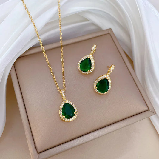 2pcs/set Jewelry Sets Women Elegant Waterdrop Green Rhinestone Pendant Necklace stud Earrings Wedding Dress Bridal Jewelry Set K's Collection Store