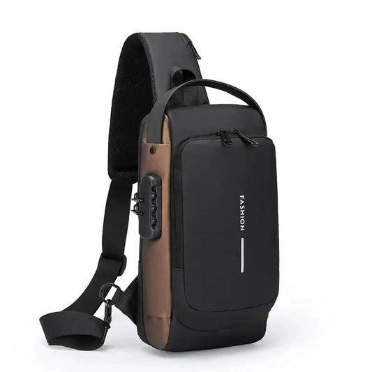 Black PU leather crossbody bag with front vertical zipper pocket and adjustable strap