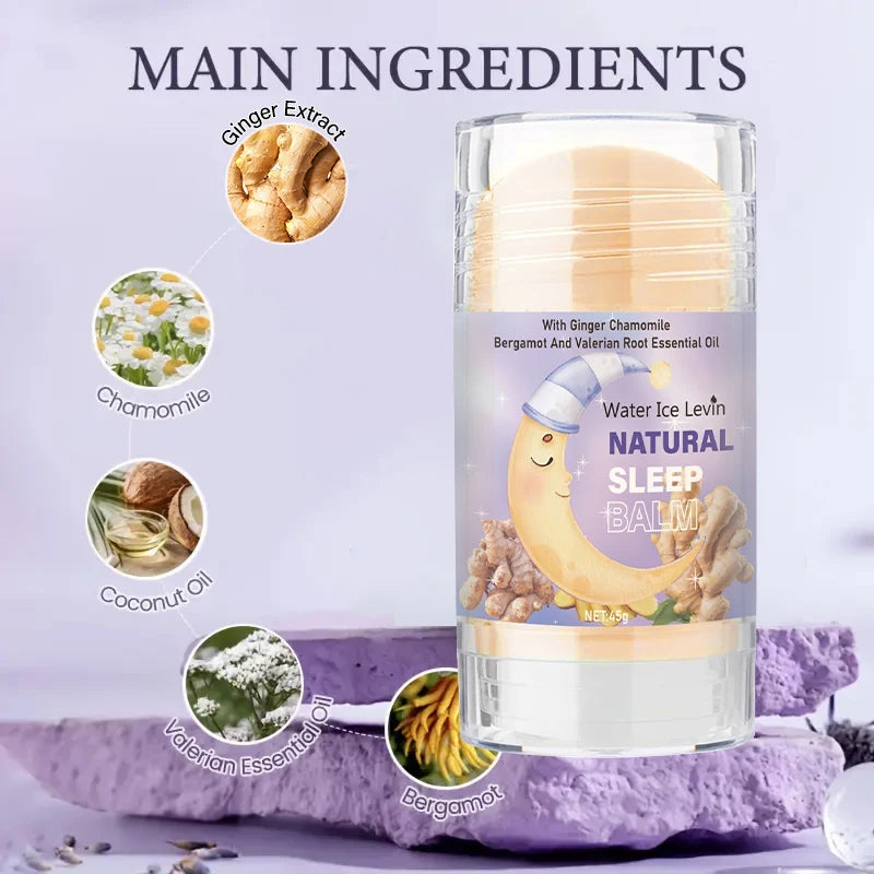 Natural sleep balm cream in clear cylindrical container with purple label and cream layer