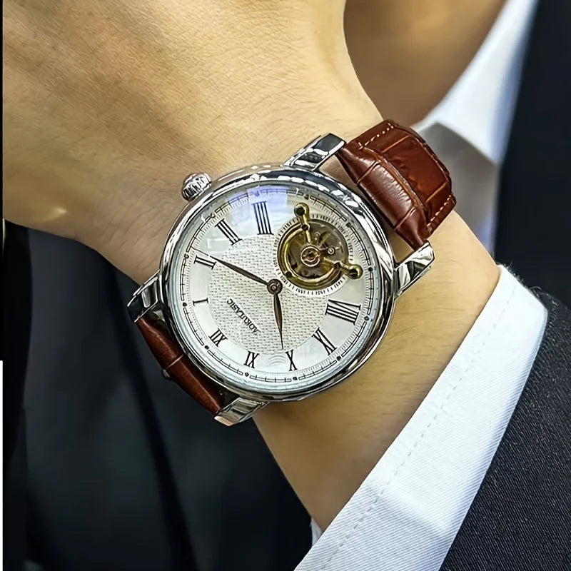 Men's automatic mechanical watch with white dial, gold-toned movement, brown leather strap