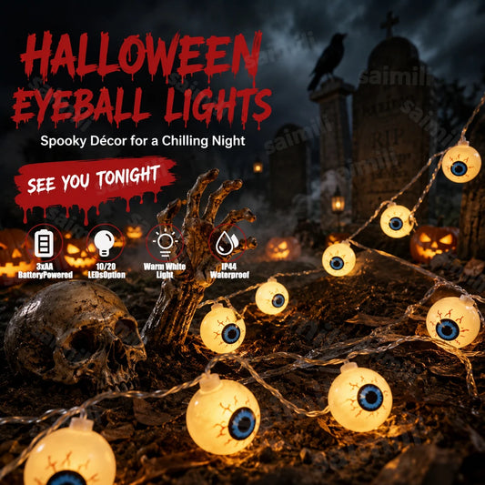 Glow Horror Eyeball Halloween String Lights Battery Powered Waterproof Atmosphere Lamp For Home Holiday Party Spooky Wall Decor K's Collection Store