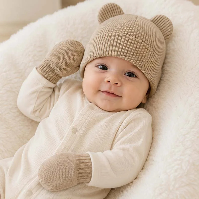 Winter Kids Hat Gloves Set Cute Bear Ear Beanie for Boys Girls Warm Kintted Earflap Hats Solid Color Mittens 6M-3Y K's Collection Store