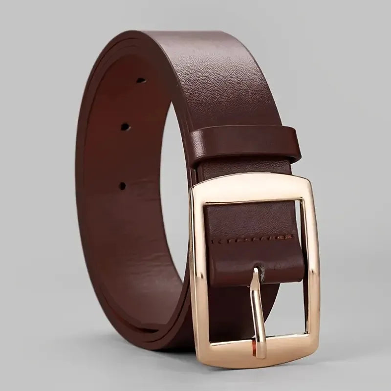 Men's PU leather belt in dark brown with rose-gold square buckle and pin closure