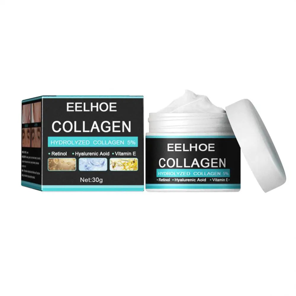 Collagen face cream jar with open lid and matching box, jar with cream
