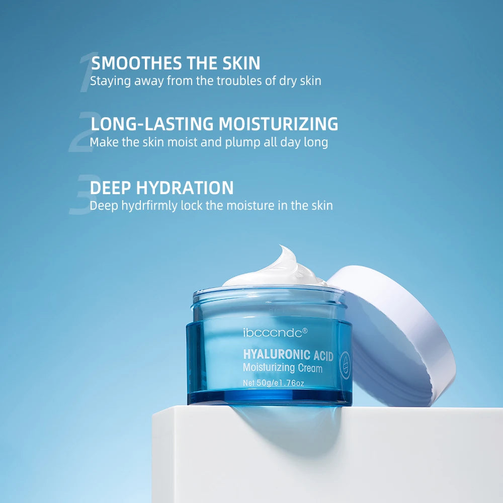 Blue moisturizing cream jar with white lid propped beside it