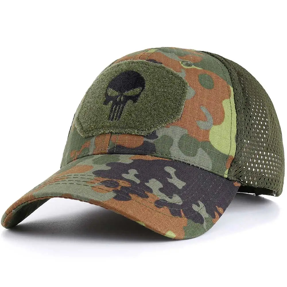 Brown-green camouflage baseball cap with skull emblem patch and mesh side