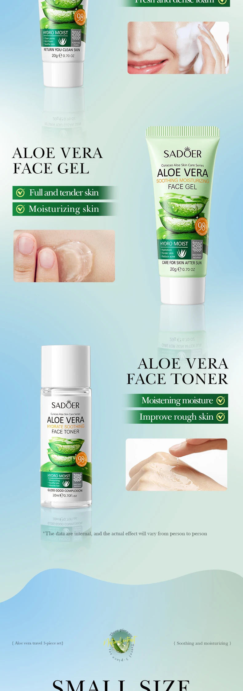 Aloe vera face gel and cleanser set displayed on a product comparison page