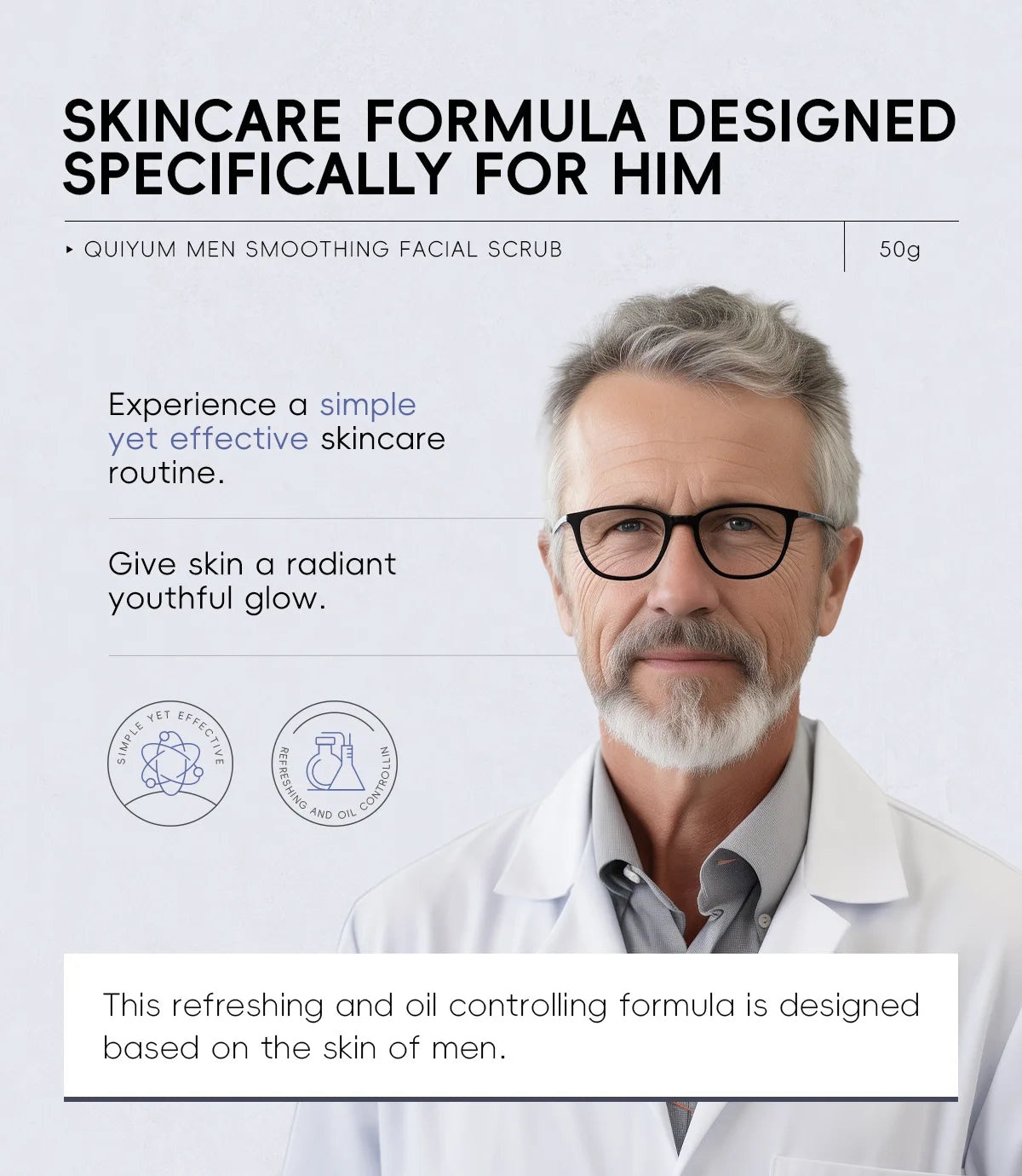 Men's facial scrub tube in white-and-gray, 50 g, with cap on display