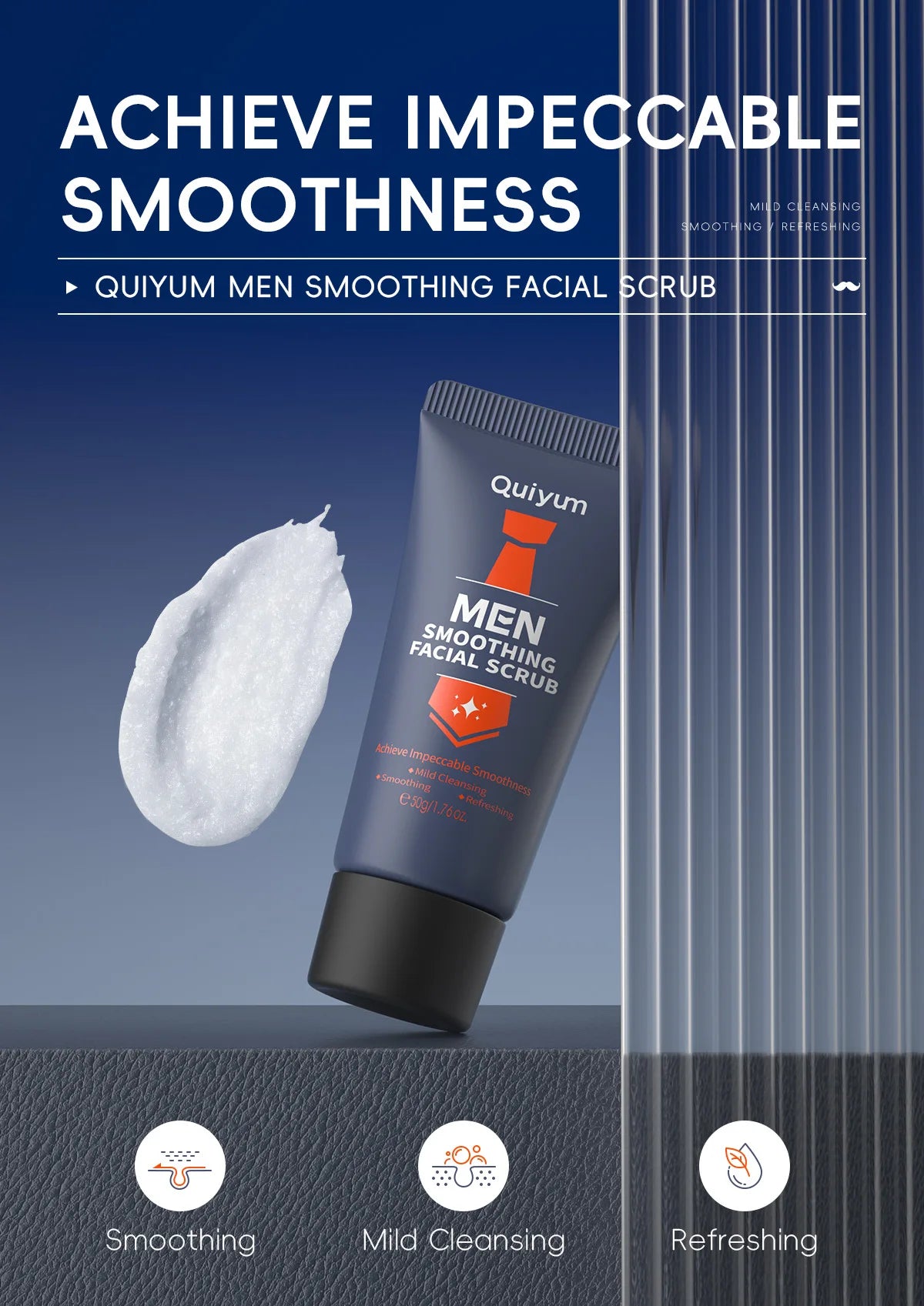 Quiyum MEN smoothing facial scrub tube beside a white cream dollop