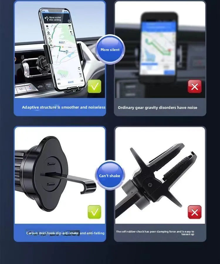 Black air vent clip phone mount on dashboard vents, shown with anti-shake design