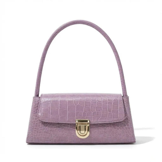 Purple croc-embossed shoulder bag with top handle, flap, and gold-tone buckle
