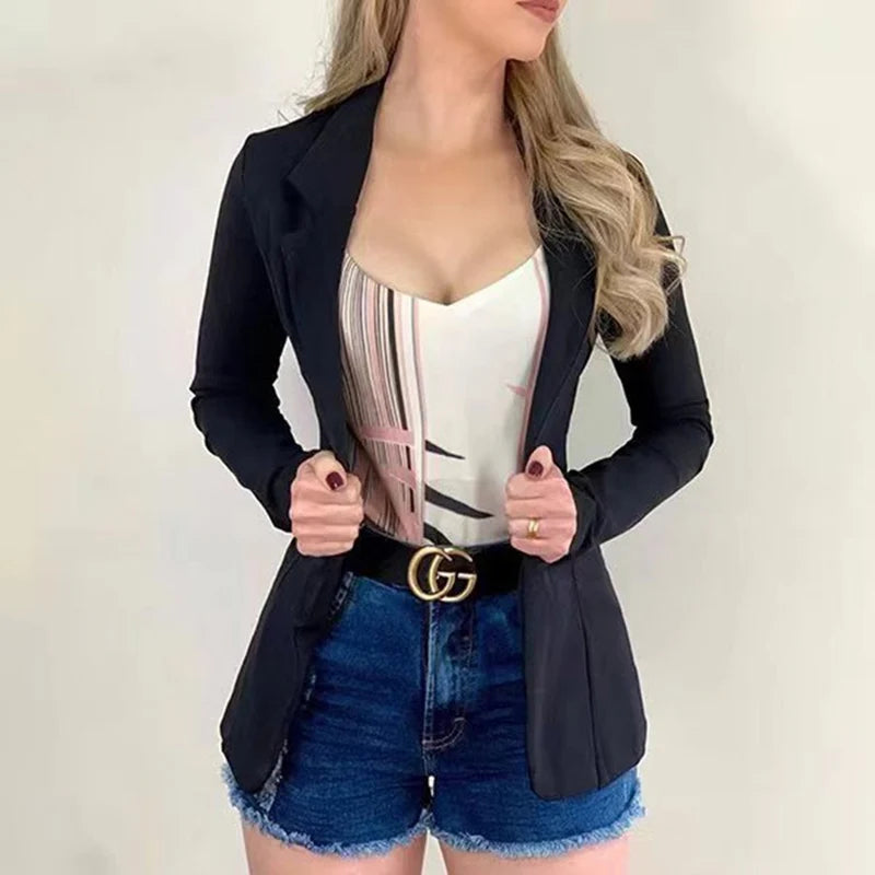 Women's relaxed blazer coat, black, notched lapels and long sleeves