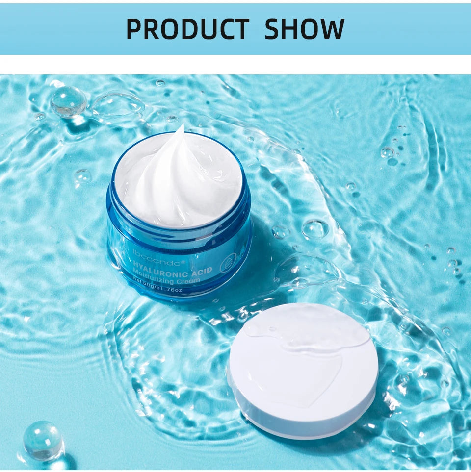 Blue hydrating cream jar with white cream on open lid and closed jar