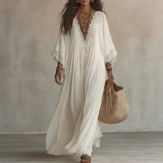 Summer Elegant Solid Dresses Womens Casual Lace Trim V Neck Flowy Maxi Dress Beach Holiday Party Maxi Dresses Robe Vestidos K's Collection Store