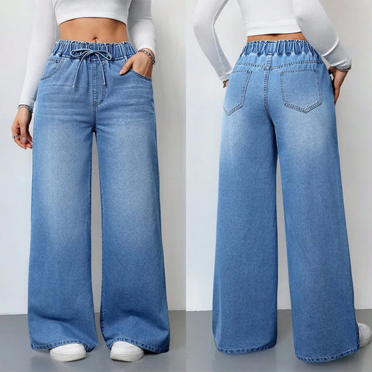 Wide Leg Pants Jeans Women Washed Denims Elastic Waist Lace Up Distressed Vintage Streetwear Female Full Length Loose Trousers K's Collection Store