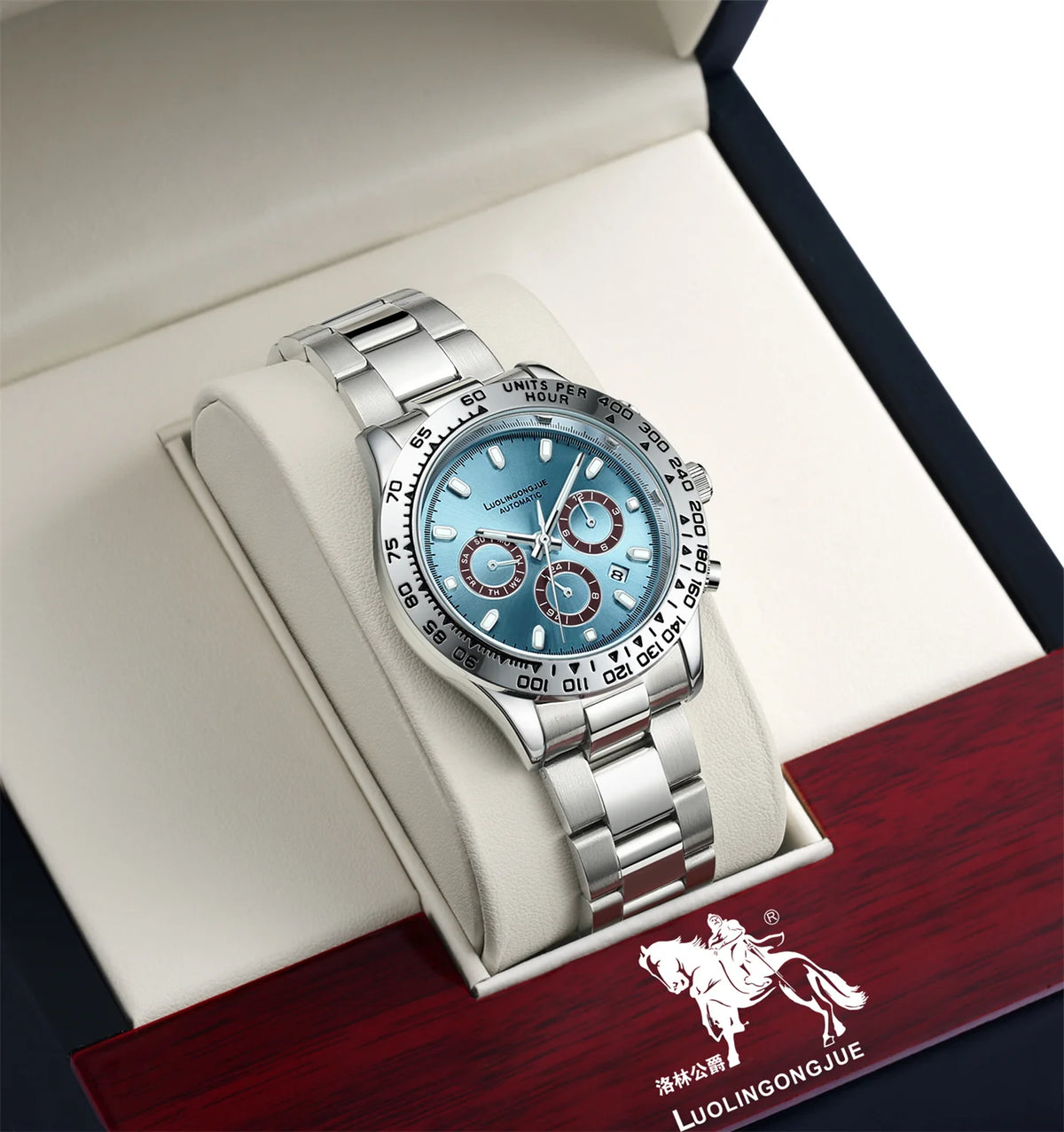 Men's mechanical business watch with silver bracelet and light blue multifunction dial, gift box view