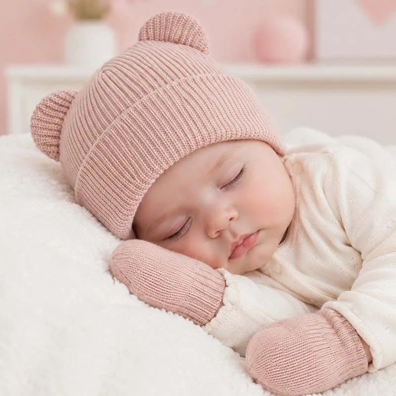 Winter Kids Hat Gloves Set Cute Bear Ear Beanie for Boys Girls Warm Kintted Earflap Hats Solid Color Mittens 6M-3Y K's Collection Store