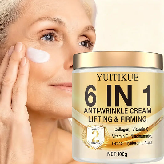 Anti-wrinkle retinol cream jar with gold lid, applied on face skin, net wt 100g