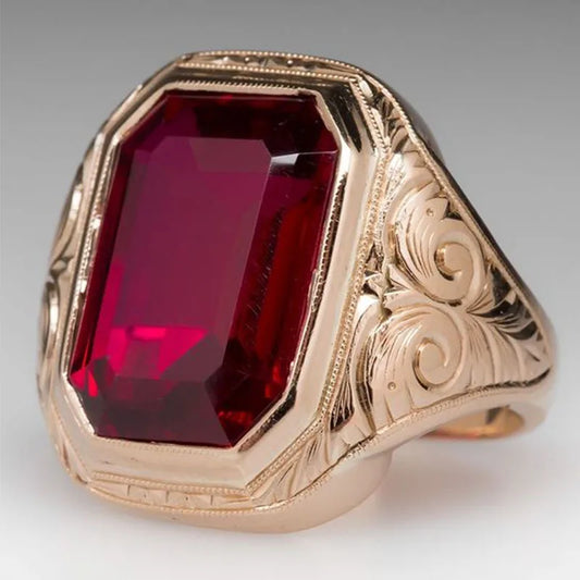 Vintage Gold Color Red Geometric Crystal Zircon Finger Rings for Men Women Luxury Party Engagement Wedding Jewelry Wholesale K's Collection Store