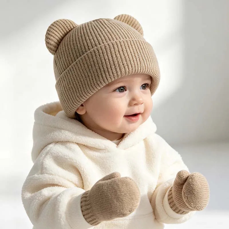 Winter Kids Hat Gloves Set Cute Bear Ear Beanie for Boys Girls Warm Kintted Earflap Hats Solid Color Mittens 6M-3Y K's Collection Store