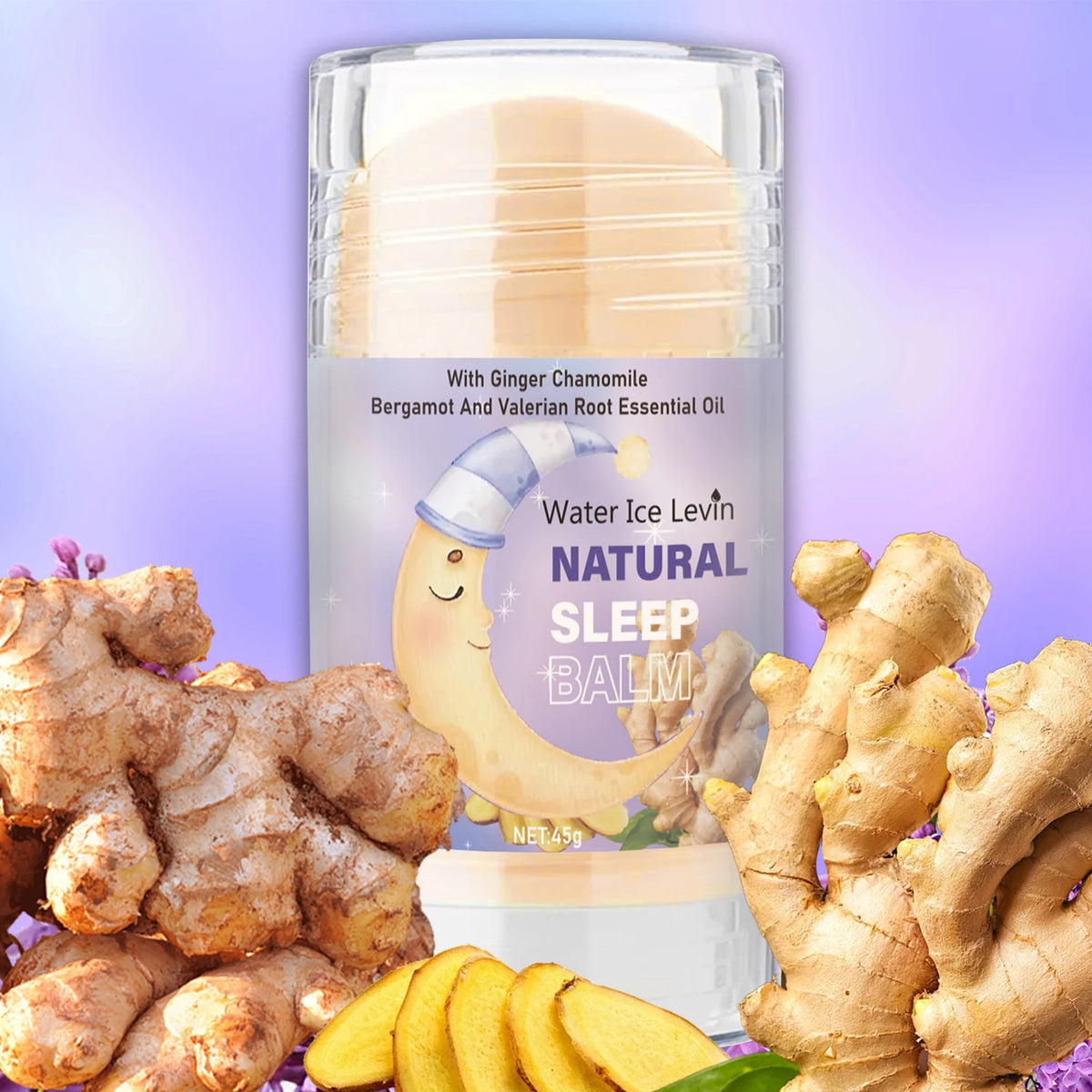 Natural sleep balm cream in clear cylindrical container with purple label and cream top