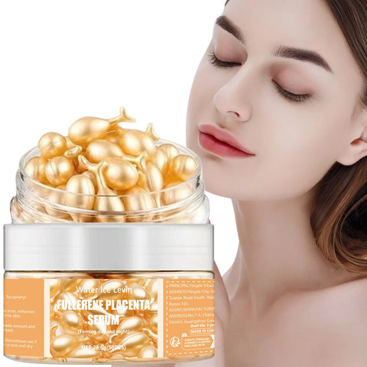 Gold gel capsules in clear jar with silver lid, skincare firming treatment