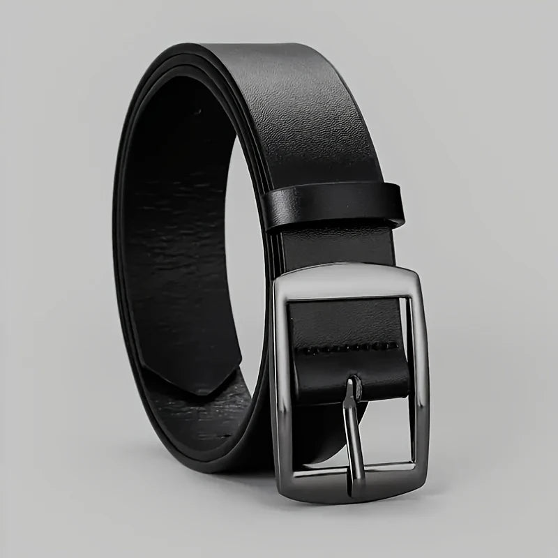 Men's black PU leather belt with silver rectangular pin buckle