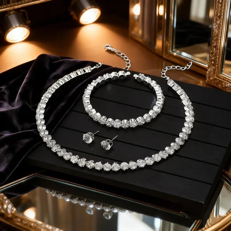 Luxury Round Crystal Jewelry Set for Women Charm Silver Color Bracelet Stud Earring Zircon Chain Necklace Wedding Party Jewelry K's Collection Store