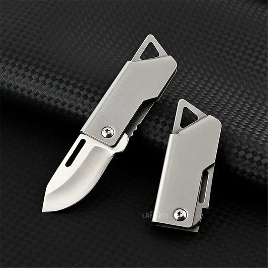 Mini stainless steel folding knife with open blade and keychain clip pendant
