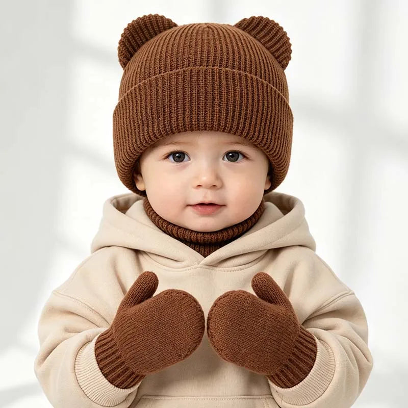 Winter Kids Hat Gloves Set Cute Bear Ear Beanie for Boys Girls Warm Kintted Earflap Hats Solid Color Mittens 6M-3Y K's Collection Store