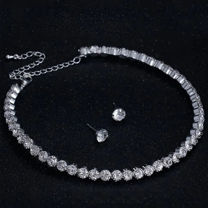 Luxury Round Crystal Jewelry Set for Women Charm Silver Color Bracelet Stud Earring Zircon Chain Necklace Wedding Party Jewelry K's Collection Store