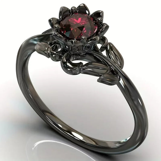 Charm Black Color Flower Round Rings for Women Red Stone Rings Jewelry Party Gift K's Collection Store