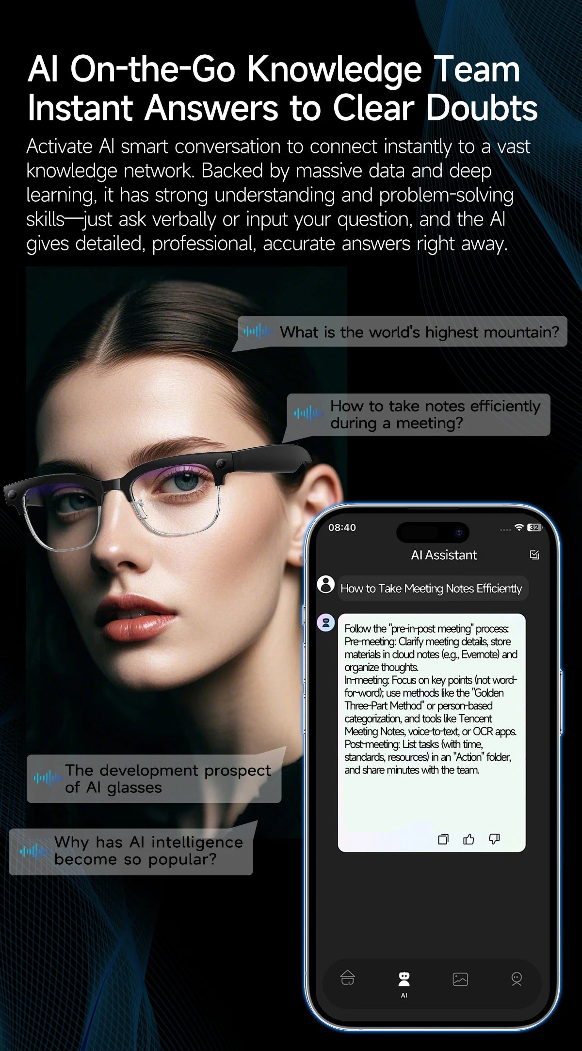 2026 New 8MP Ultra-Wide HD Camera Smart Glasses Video Record 4GB AI Photo Recognition BT Call Translation Voice Smart Glasses K's Collection Store