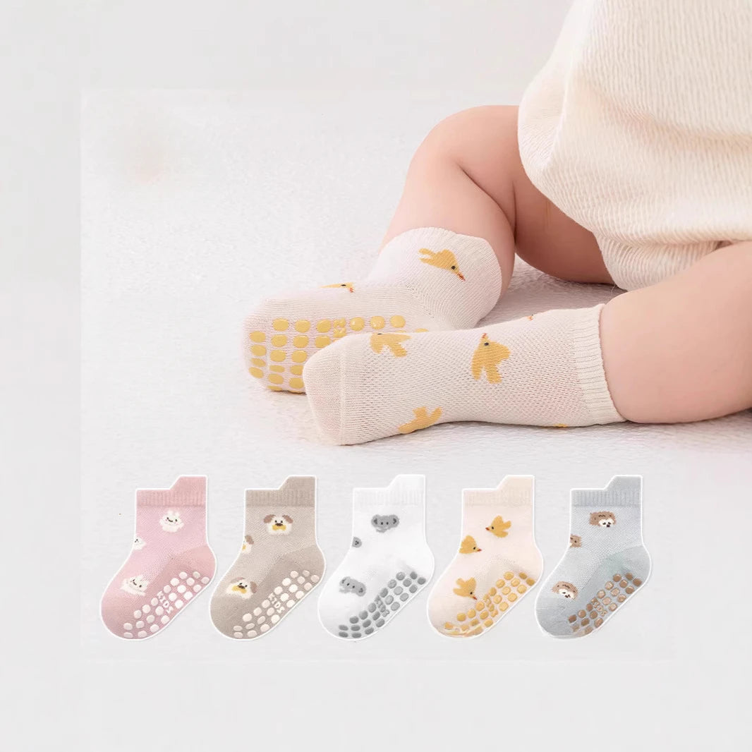 Non-slip baby floor socks, cream and pastel mix, animal prints with grippy dots