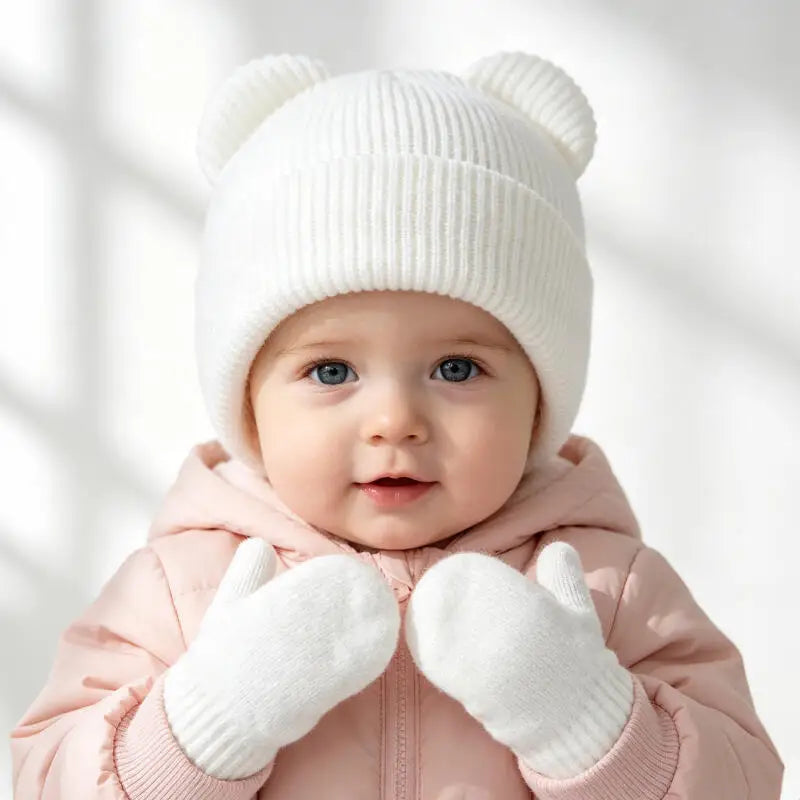Winter Kids Hat Gloves Set Cute Bear Ear Beanie for Boys Girls Warm Kintted Earflap Hats Solid Color Mittens 6M-3Y K's Collection Store