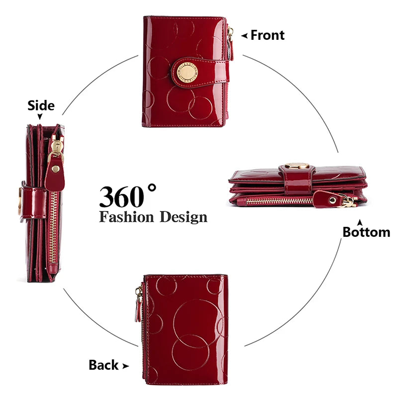 Wine red patent short wallet with gold round logo, zipper closure, and card slots