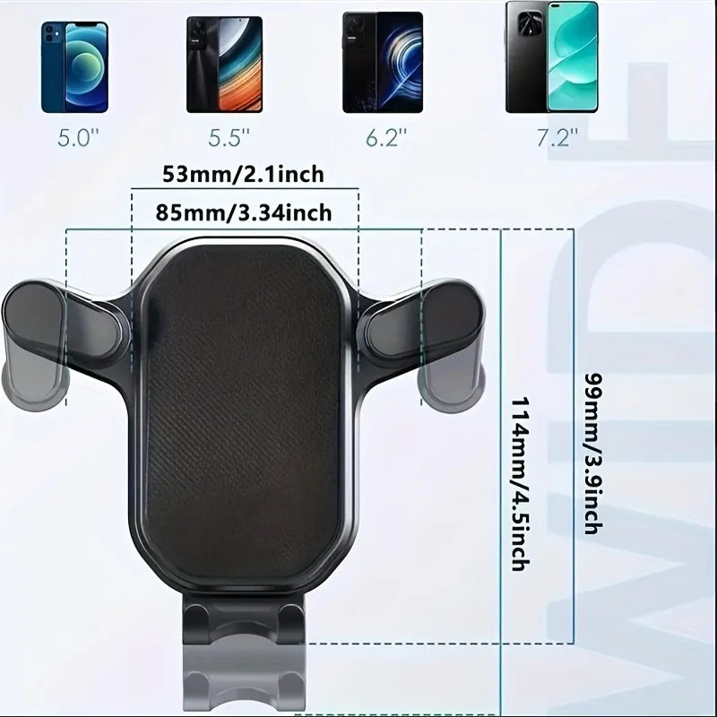 Black air vent phone mount cradle with two side pads and size measurement guide
